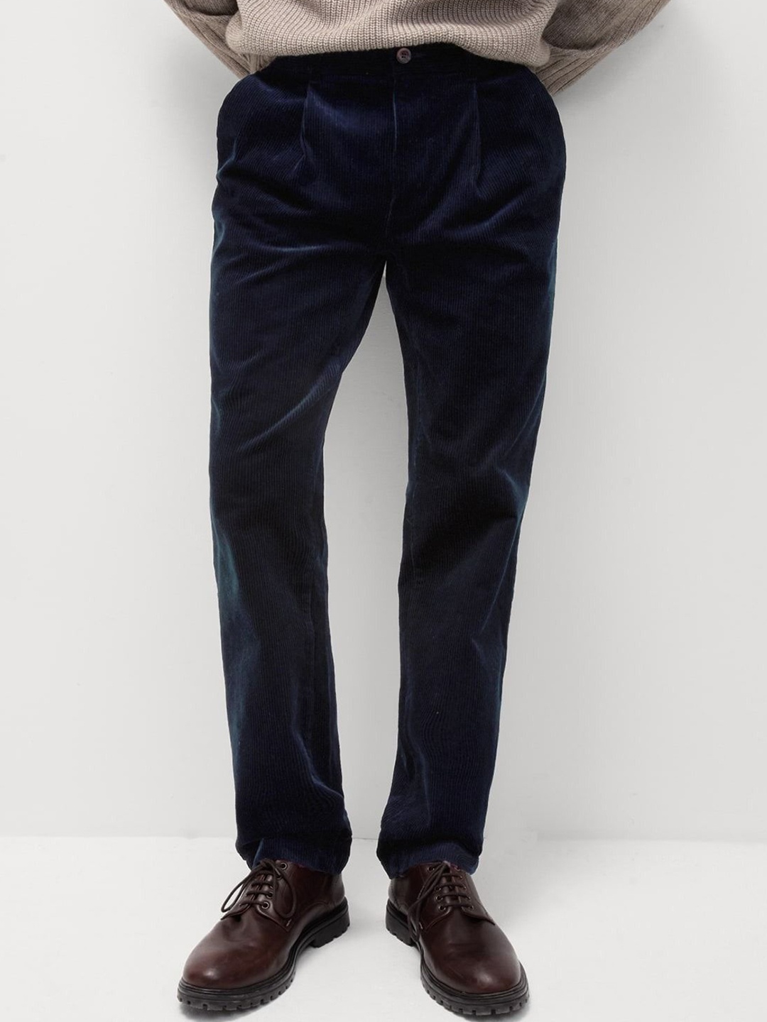 

Marks & Spencer Men Mid-Rise Pleated Regular Fit Trousers, Navy blue
