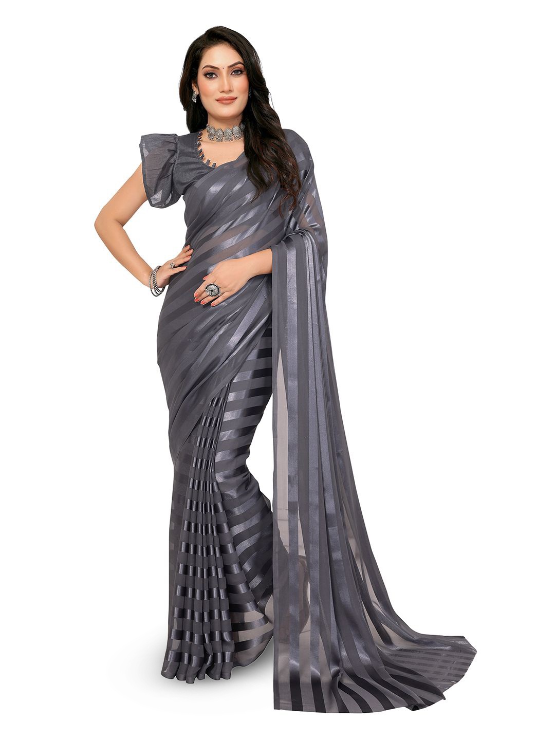 

Moda Rapido Women Striped Saree, Grey