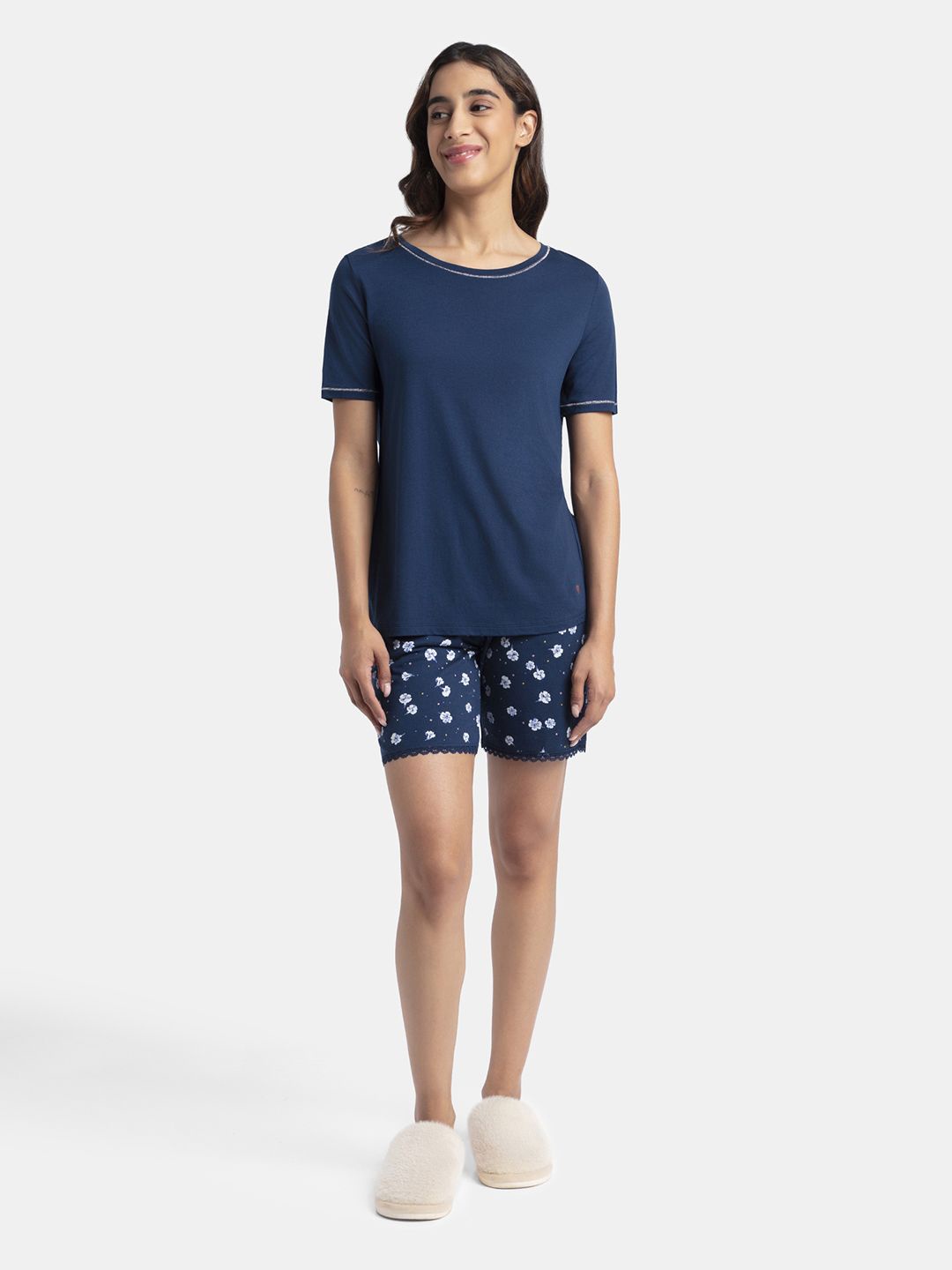 

Jockey Micro Modal Cotton Short Sleeve T-Shirt and Printed Shorts Set - RX80, Blue