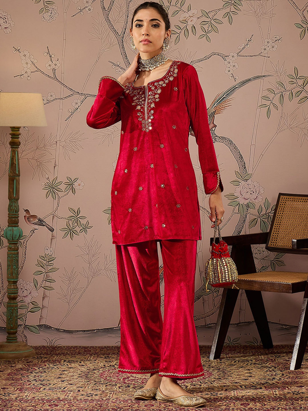 

Shae by SASSAFRAS Floral Embroidered Thread Work Velvet Kurta with Trouser, Red