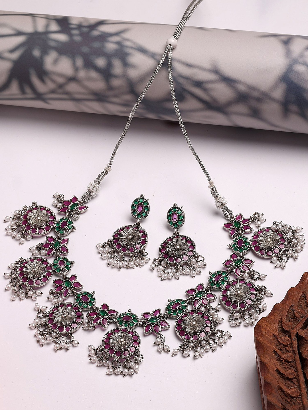 

KARATCART Silver-Plated Oxidised Stone-Studded & Pearls Beaded Jewellery Set