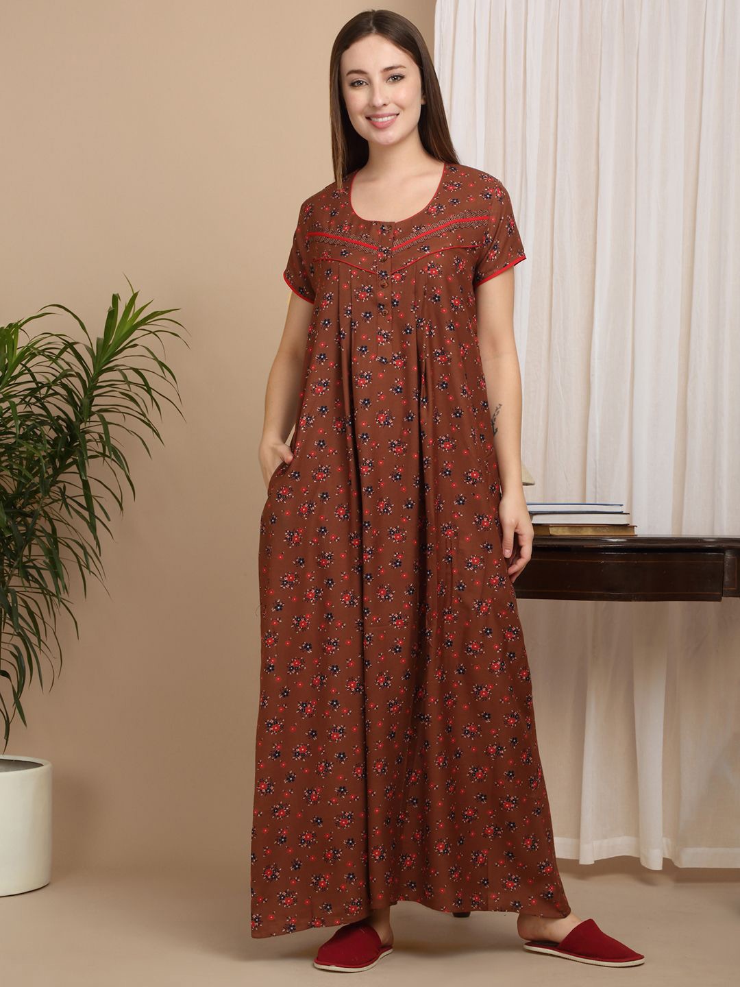 

Sweet Dreams Women Printed Pure Cotton Round Neck Short Sleeves Regular Maxi Nightdress, Brown