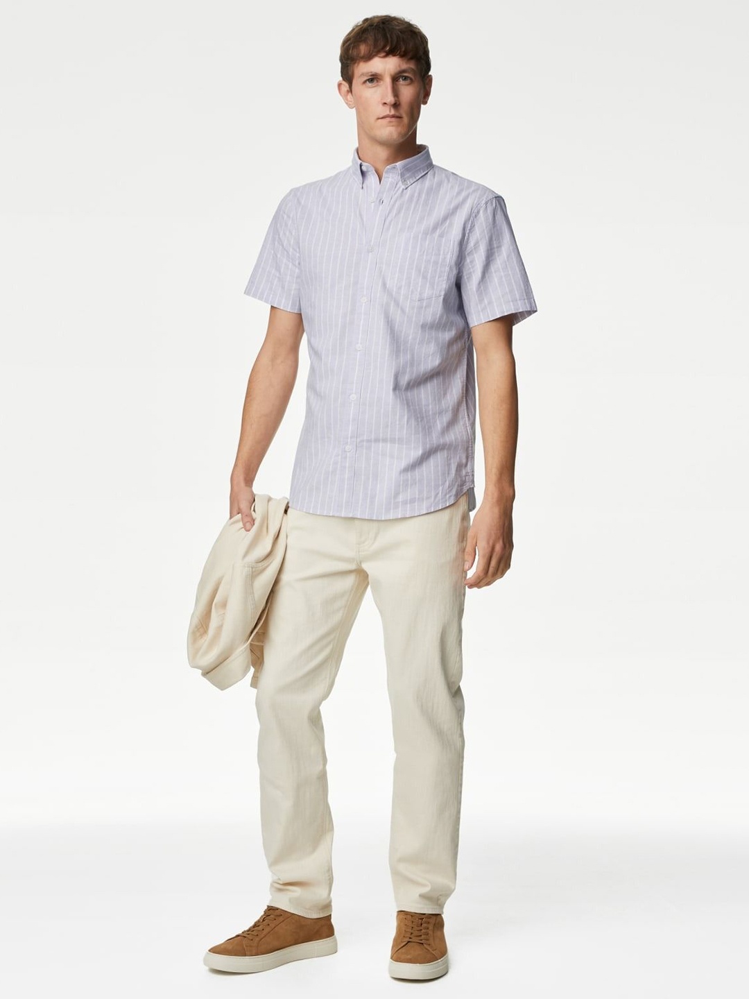 

Marks & Spencer Men Spread Collar Vertical Striped Cotton Casual Shirt, Blue