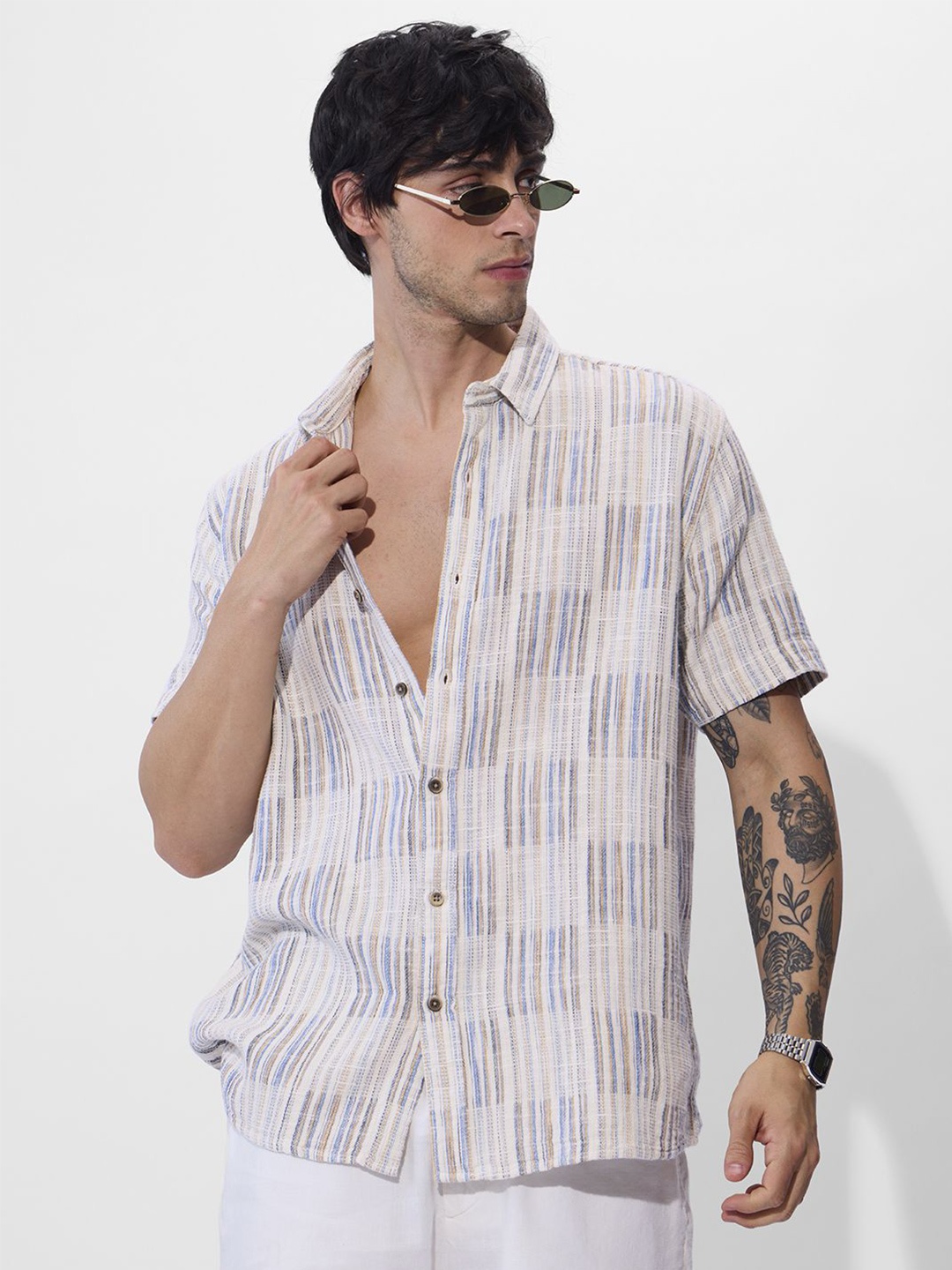 

The Souled Store Men Spread Collar Textured Cotton Casual Shirt, White