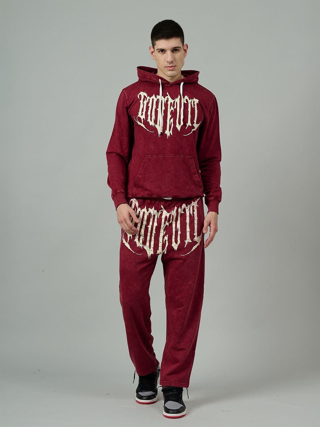 

GO DEVIL Typographic Printed Hooded Oversized Woollen Fleece Sweatshirt With Joggers, Maroon