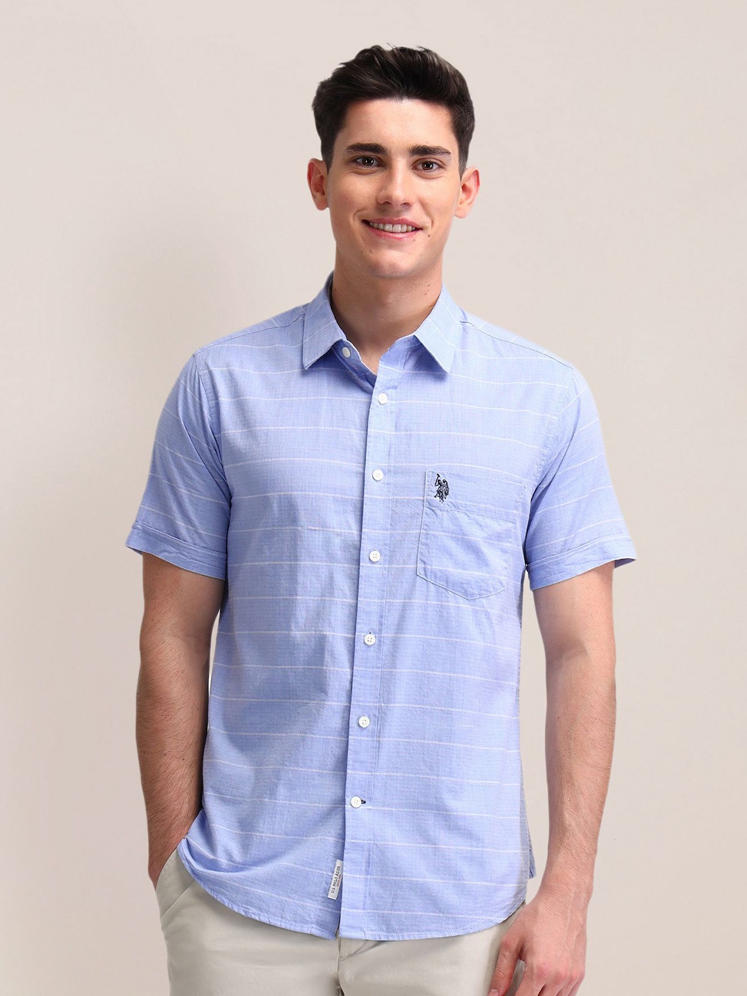 

U.S. Polo Assn. Men Classic Horizontal Striped Cotton Tailored Fit Casual Shirt, Blue