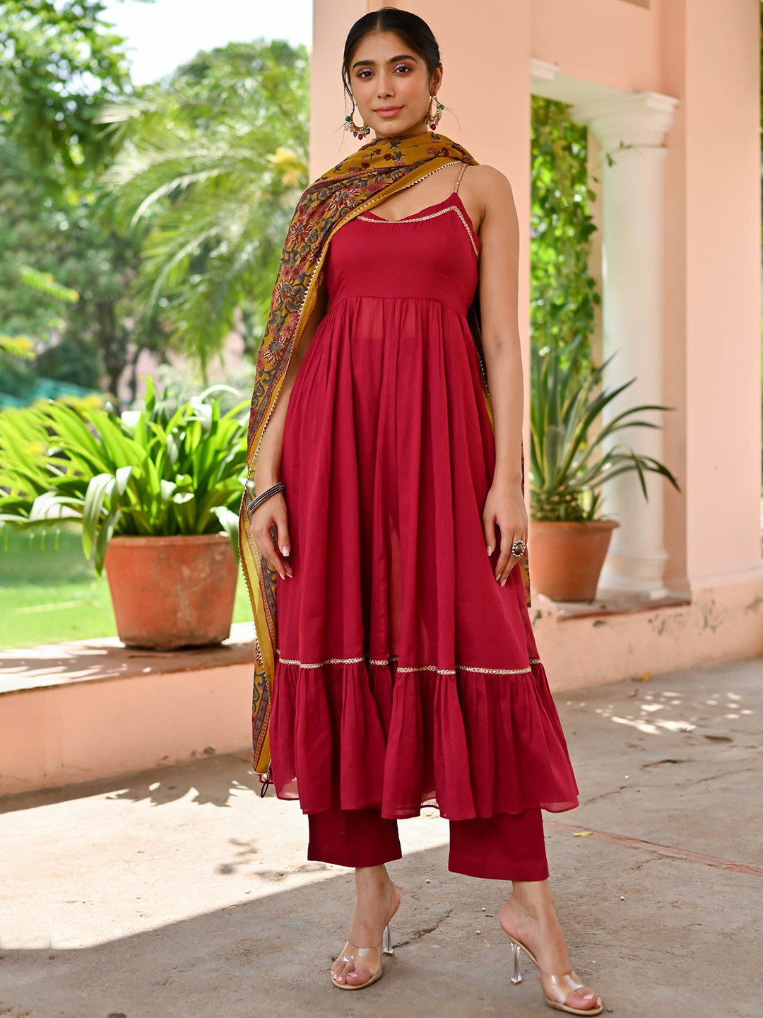 

Bunaai Gotta Patti Cotton Anarkali Kurta with Trousers & Dupatta, Maroon