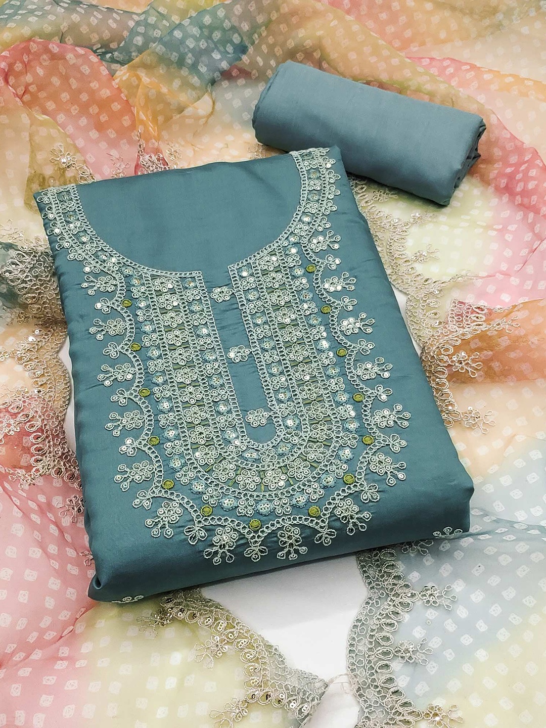 

Peachmode Embroidered Unstitched Dress Material, Blue