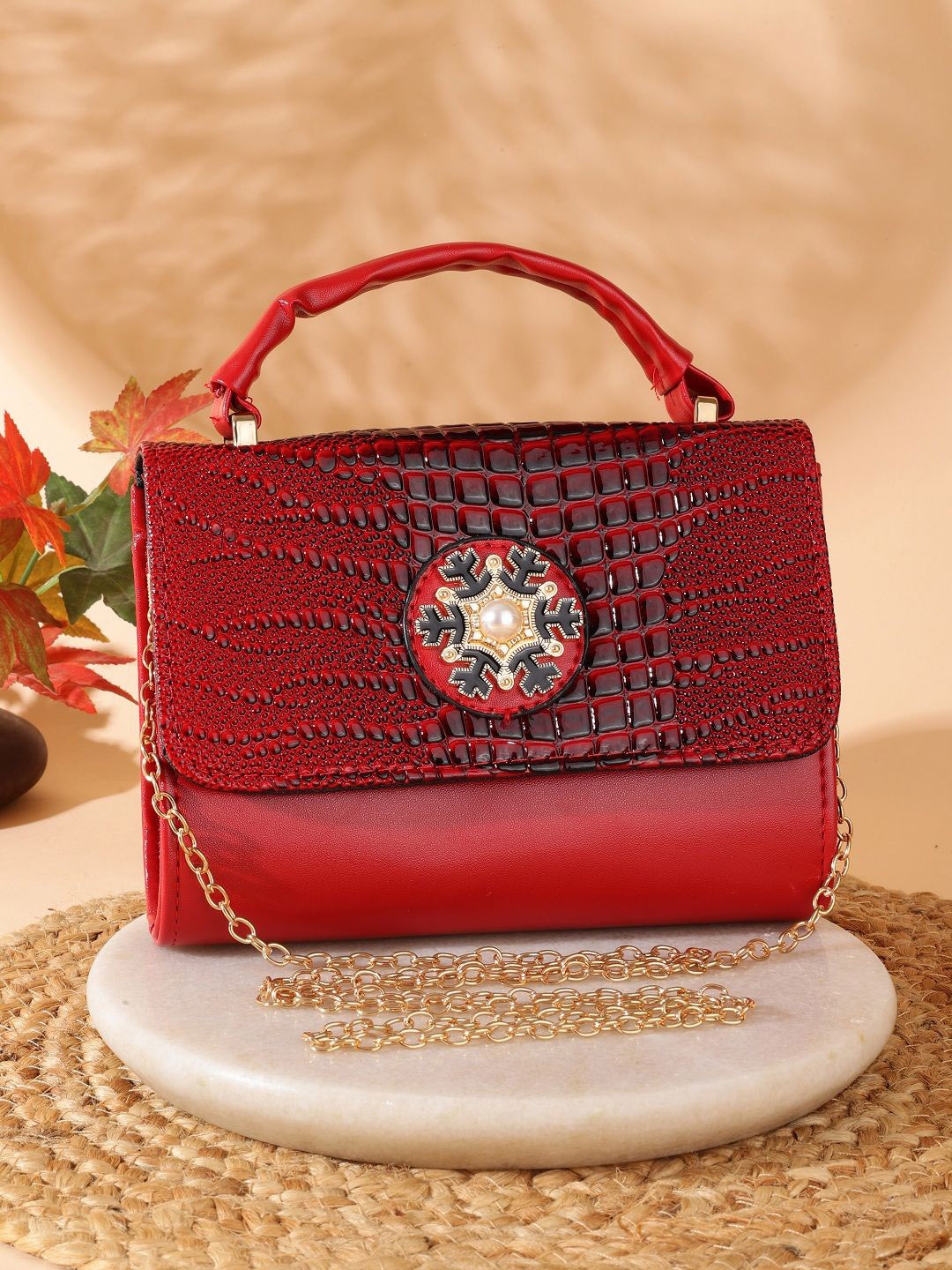 

SAZARA Women Textured Structured Handheld Bag, Red