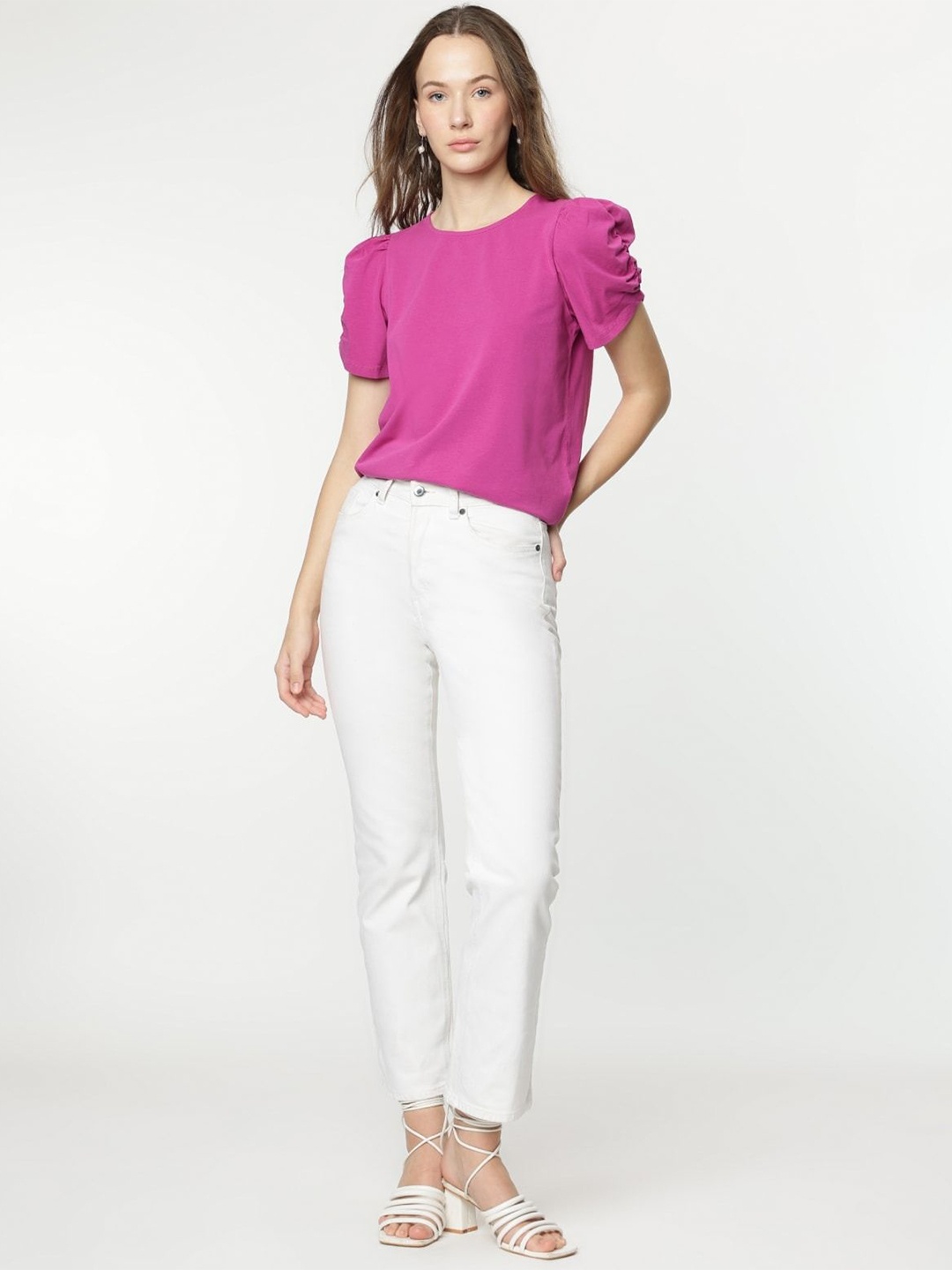 

Marks & Spencer Women Cotton Round Neck Puff Sleeves Top, Pink