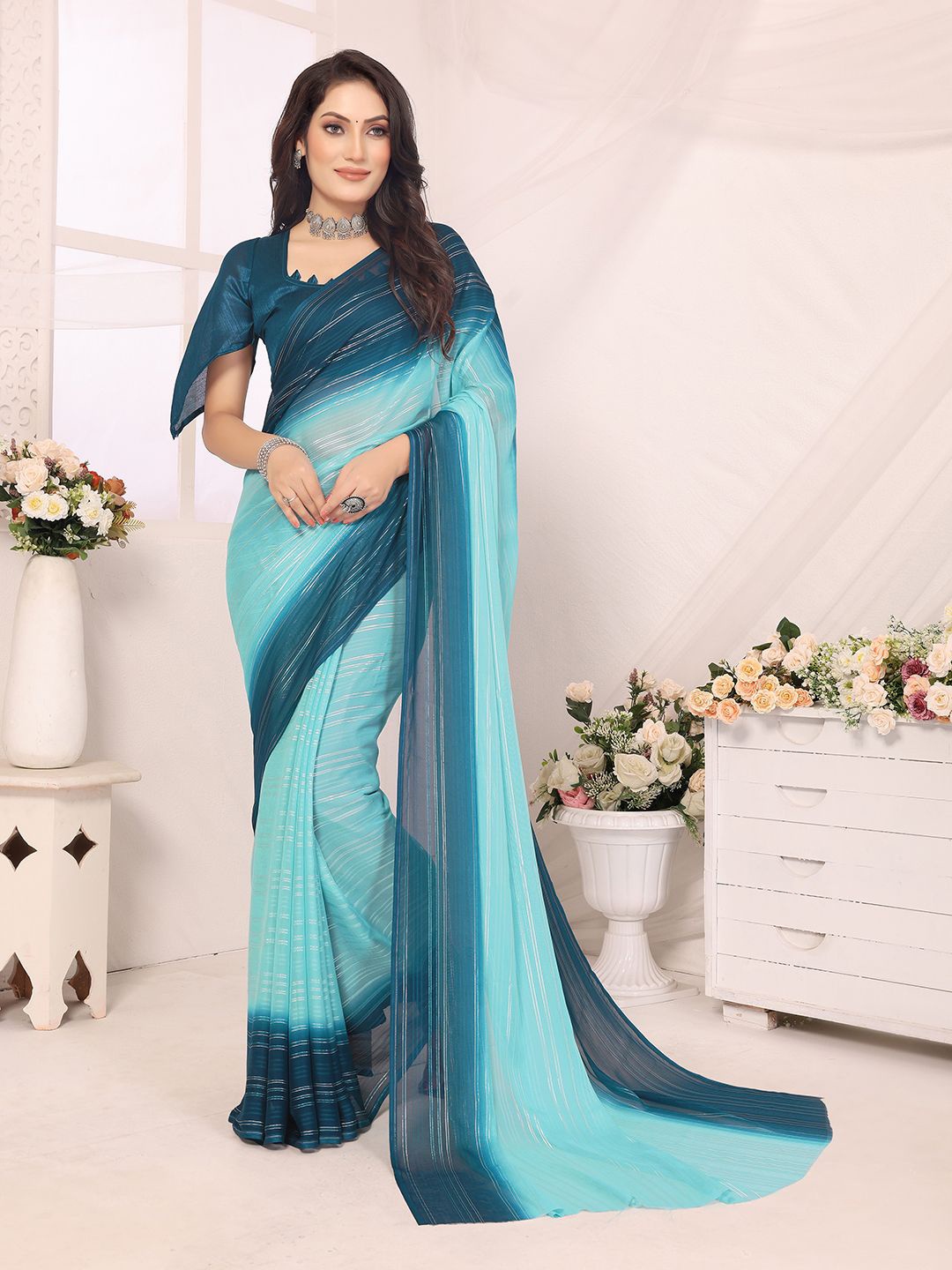 

Moda Rapido Striped Printed Satin Saree With Unstitched Blouse Piece, Blue