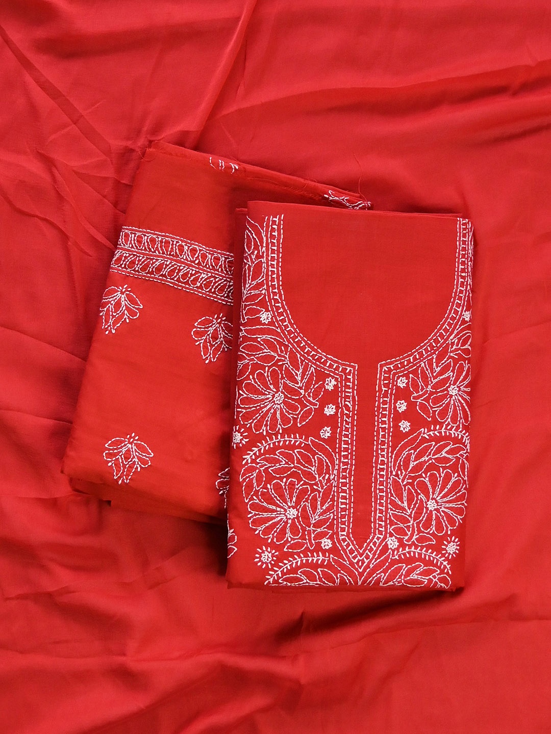 

Seva Chikan Floral Lucknowi Chikankari Embroidered Unstitched Dress Material, Red