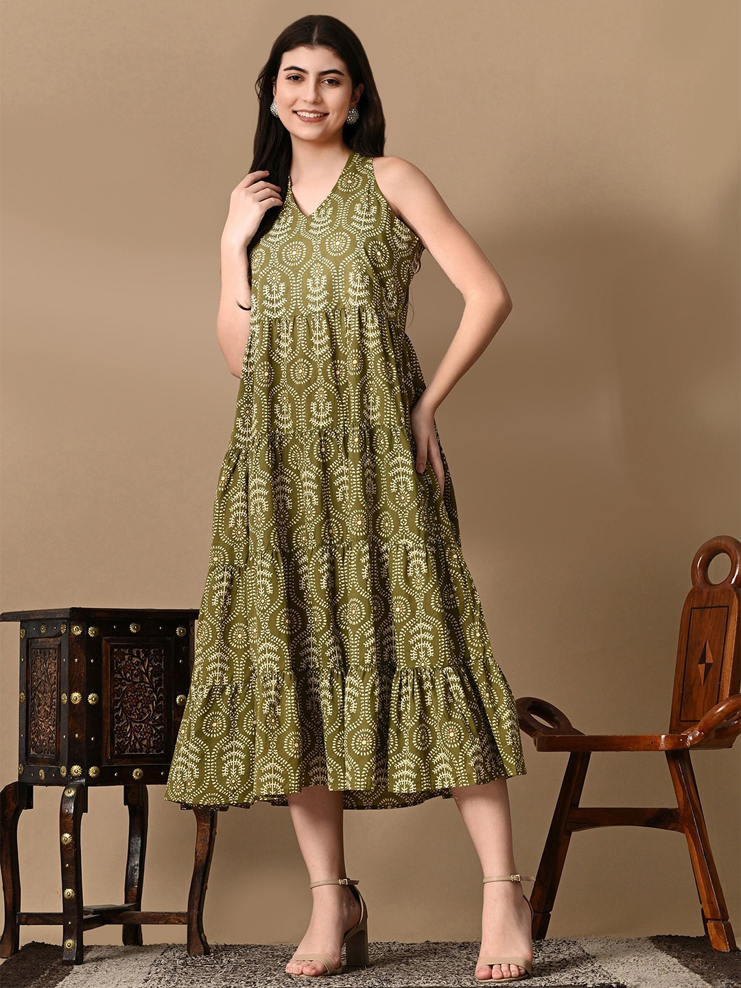 

TOP 2 BOTTOM Ethnic Motifs Print A-Line Midi Cotton Dress, Green