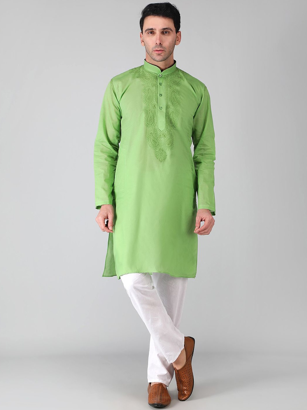 

Seva Chikan Mandarin Collar Ethnic Motifs Chikankari Cotton Kurta, Green
