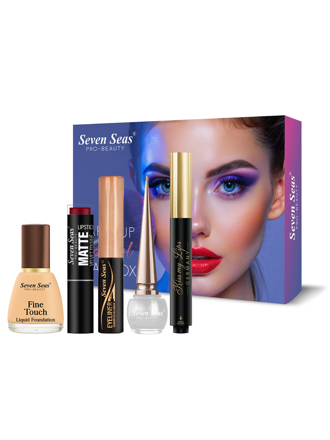 

Seven Seas Foundation Velvet Touch Lipstick Lip Balm & 2-Pcs Liquid Eyeliner Makeup Combo, Multi