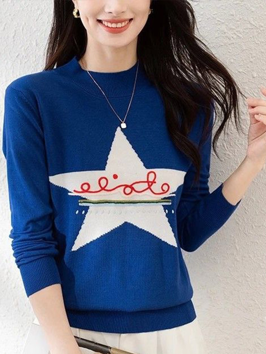 

StyleCast Women Abstract Printed Winter Pullover with Embroidered Detail, Blue