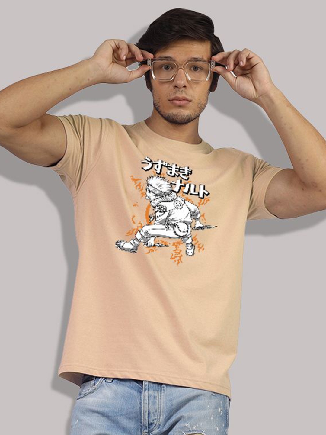 

Greylongg Men Graphic Printed Round Neck Cotton T-shirt, Beige