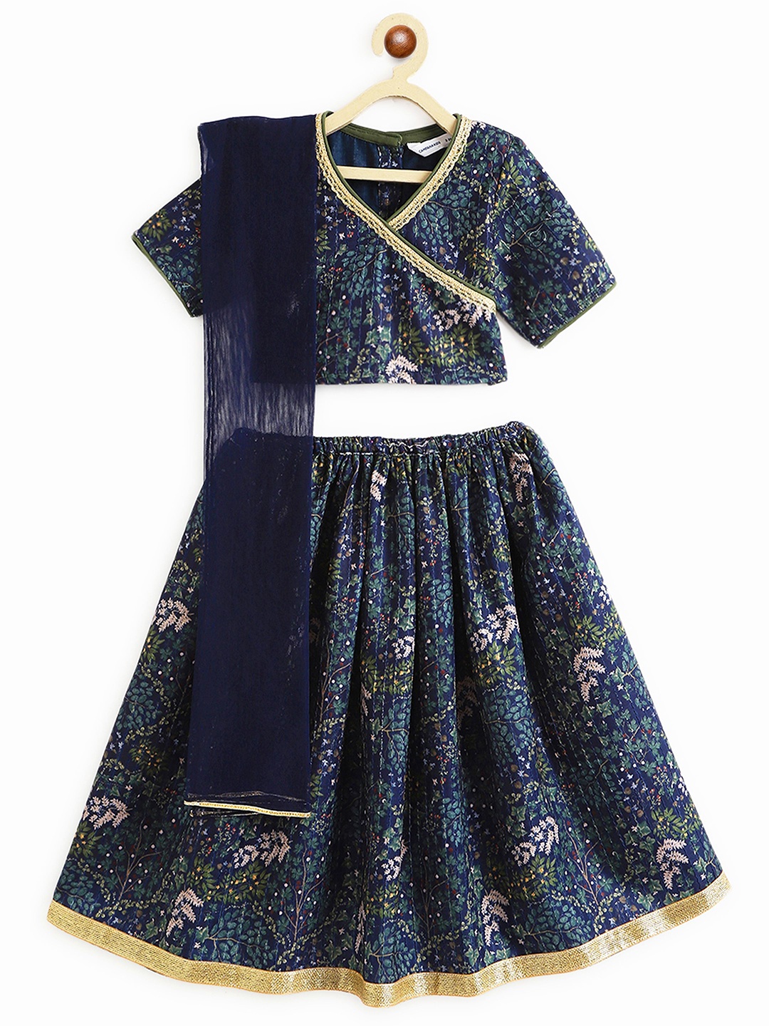 

Campana Girls Printed Sequinned Ready to Wear Lehenga & Blouse With Dupatta, Navy blue