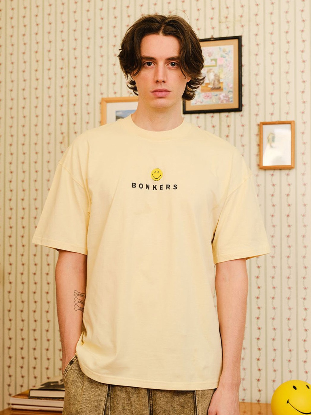 

Bonkers Corner Men Typography Printed Round Neck Cotton Oversized T-shirt, Beige