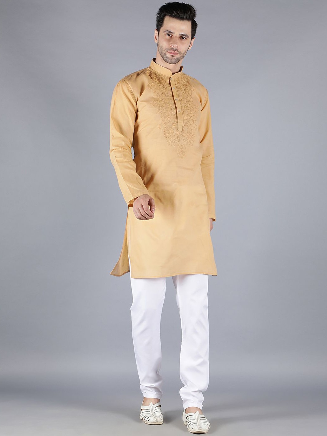 

Seva Chikan Mandarin Collar Ethnic Motifs Yoke Design Chikankari Cotton Kurta, Beige