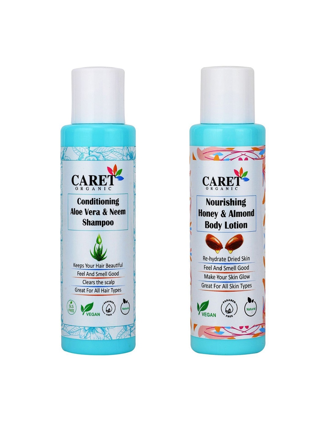 

CARET ORGANIC Set Of 2 Conditioning Aloevera Neem Shampoo With Honey Almond Body Lotion, White