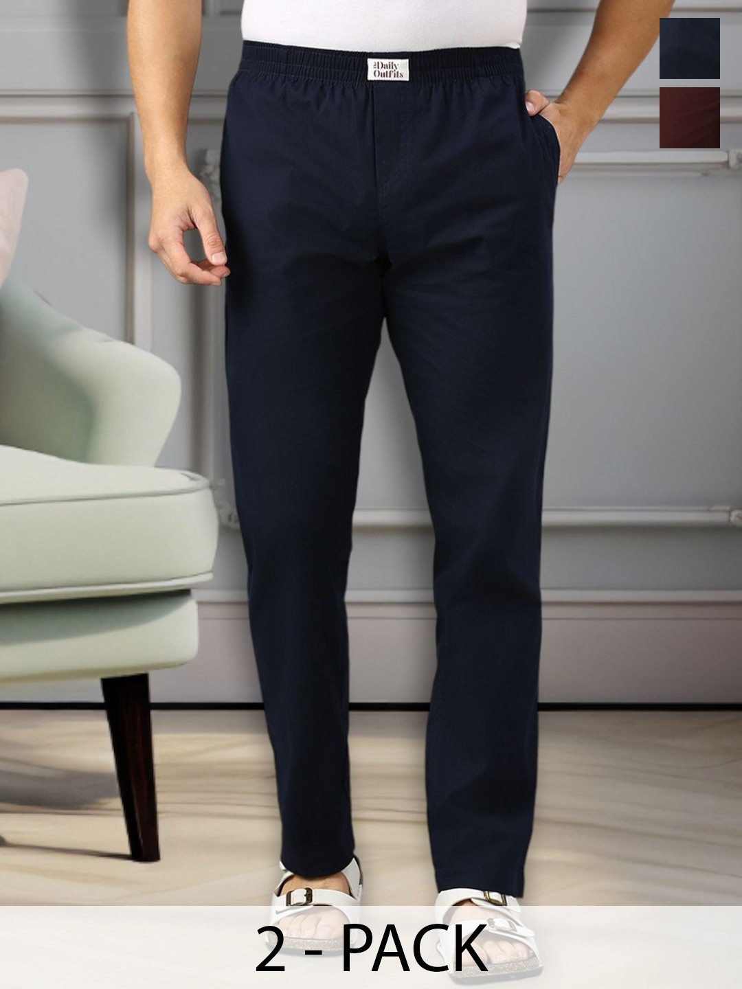 

THE DAILY OUTFITS Men Mid-Rise Pack Of 2 Pure Cotton Lounge Pants, Navy blue