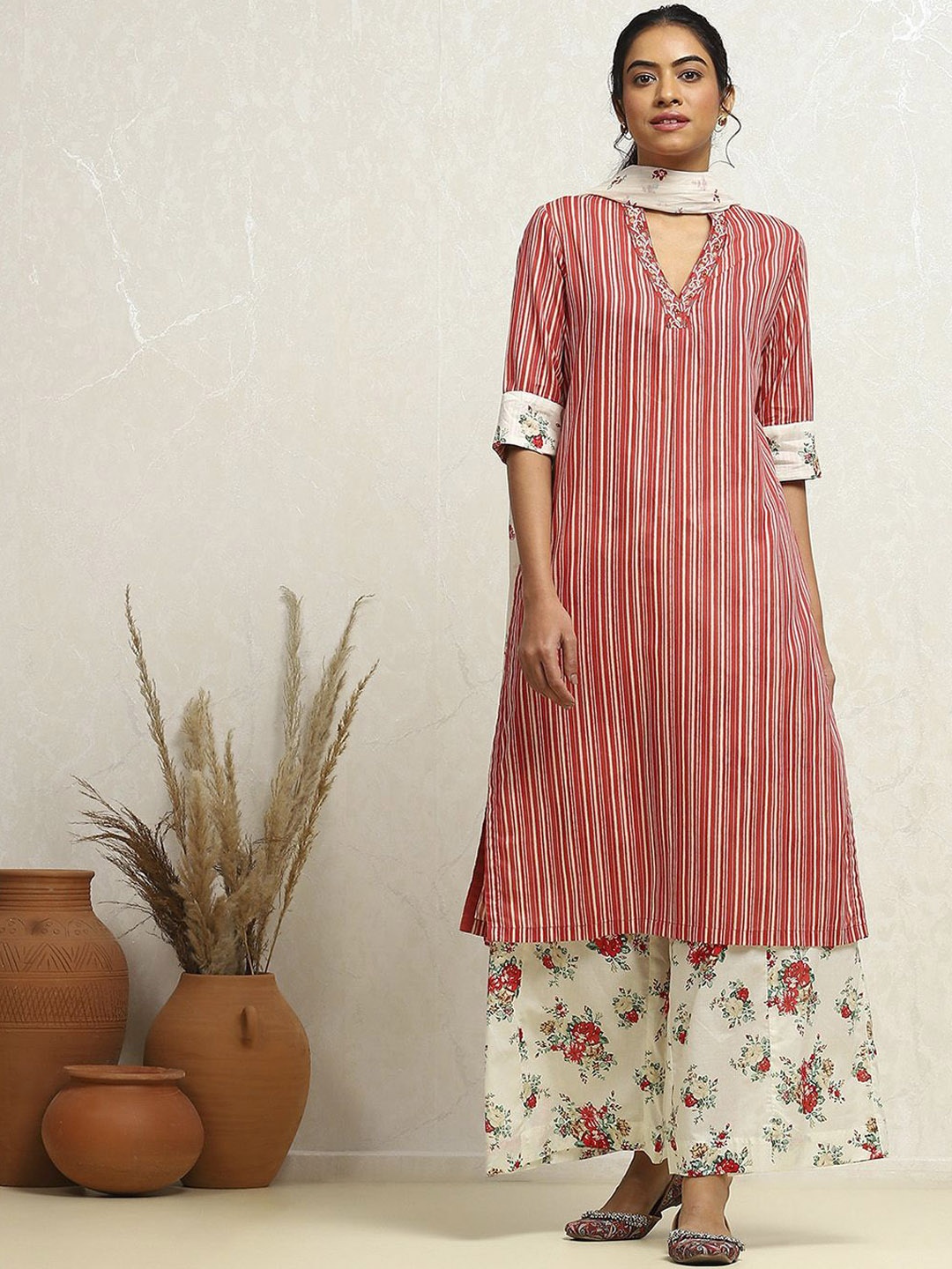 

Biba Striped Thread Work Pure Cotton Straight Kurta With Palazzo & Dupatta, Red