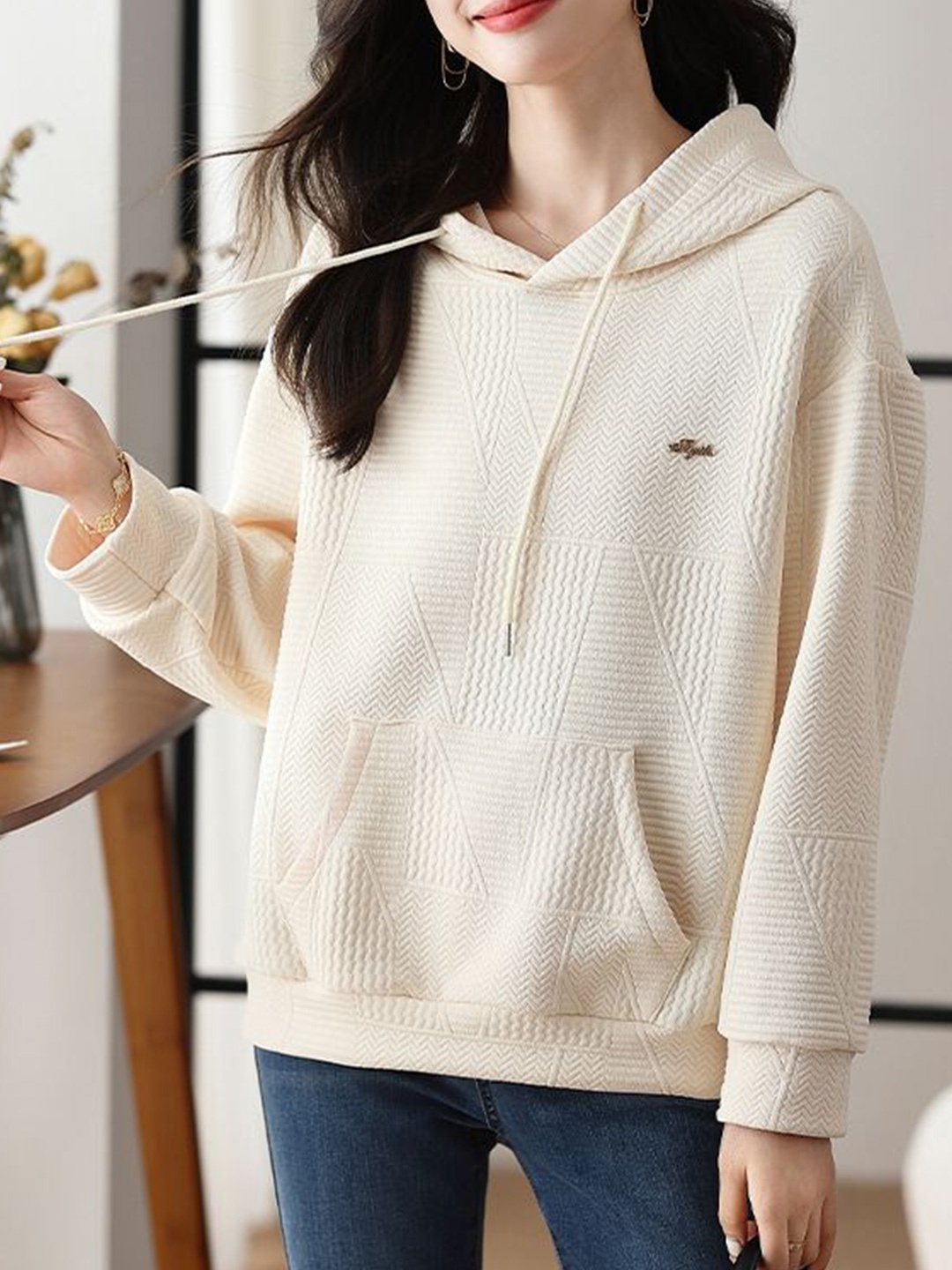 

StyleCast Women Self Design Hooded Pullover Sweatshirt, Cream