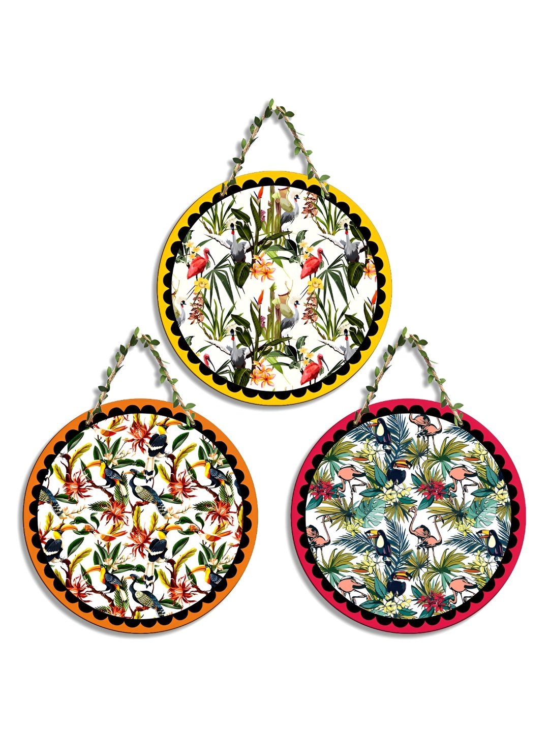 

SEHAZ ARTWORKS White & Yellow 3 Pieces Floral Printed Wooden Wall Hangings