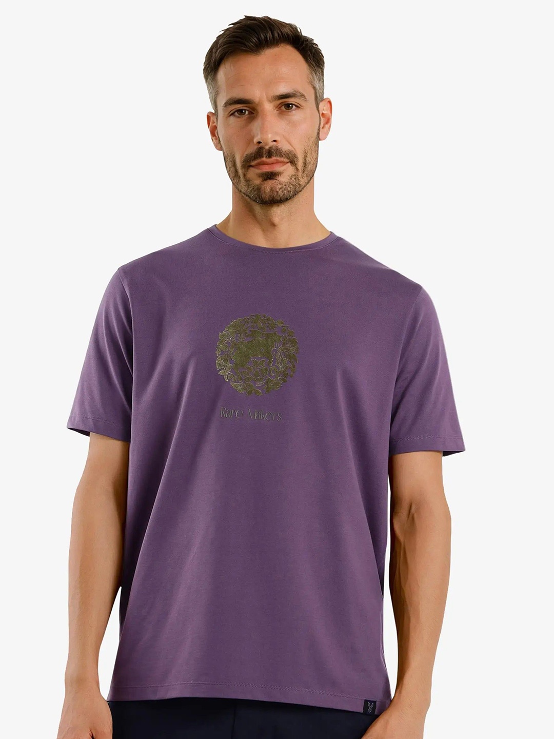 

RARE RABBIT Men Typography Printed Round Neck Cotton T-shirt, Purple