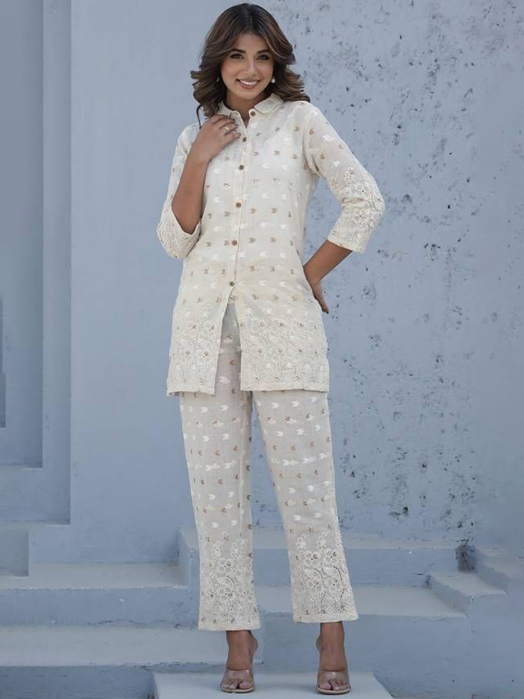 

FLAVIA CREATION Printed Pure Cotton Tunic With Trousers, White