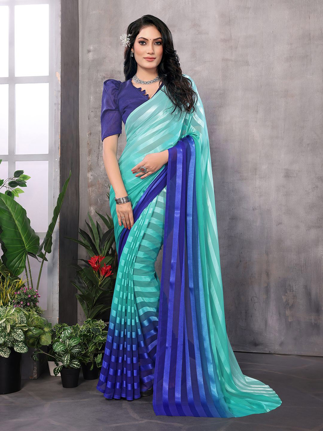 

Moda Rapido Striped Printed Satin Saree With Unstitched Blouse Piece, Green