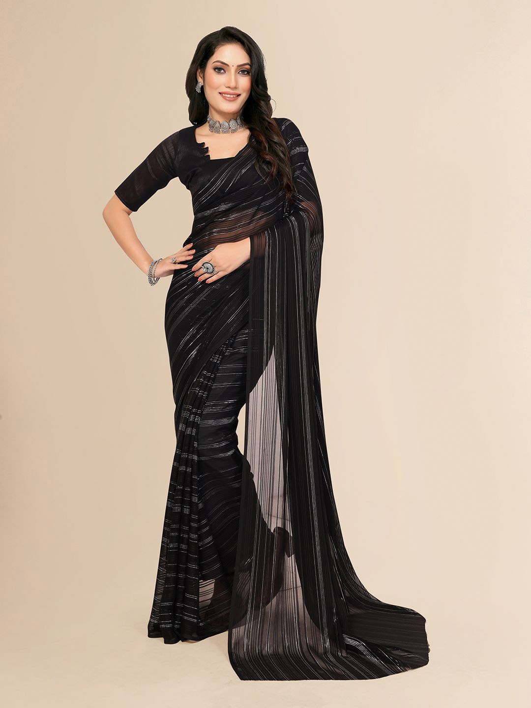 

Moda Rapido Striped Satin Saree, Black