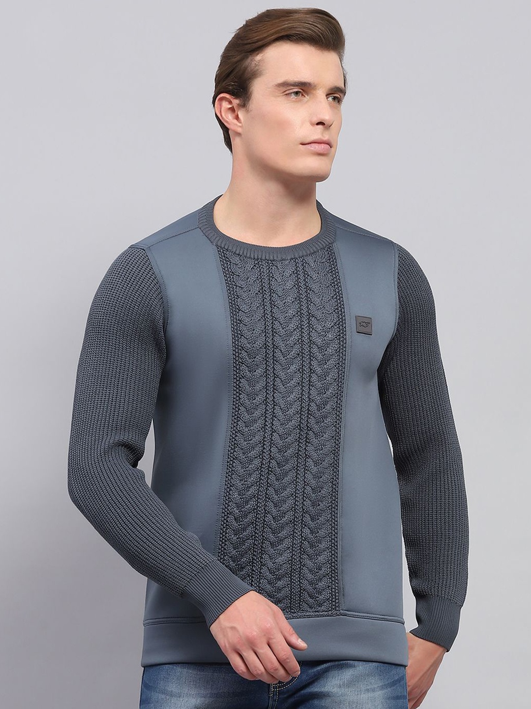 

Monte Carlo Men Round Neck Long Sleeves Cable Knit Pullover, Grey