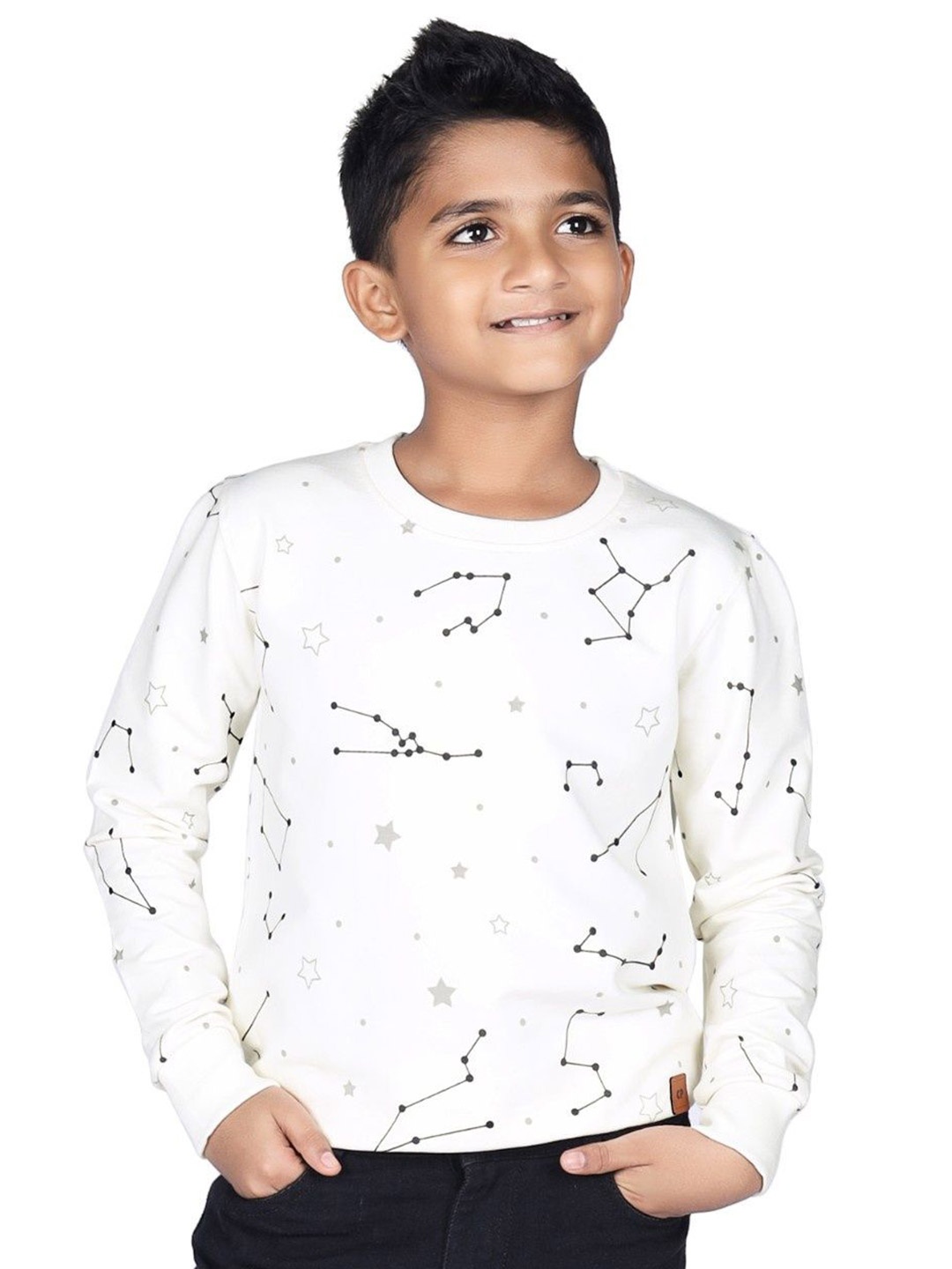 

CRAZYPENGUIN ELITE Boys Cotton Geometric Printed Round Neck Pullover Sweatshirt, White