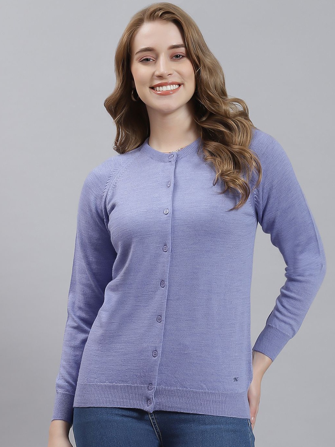 

Monte Carlo Women Solid Round Neck Cardigan, Lavender