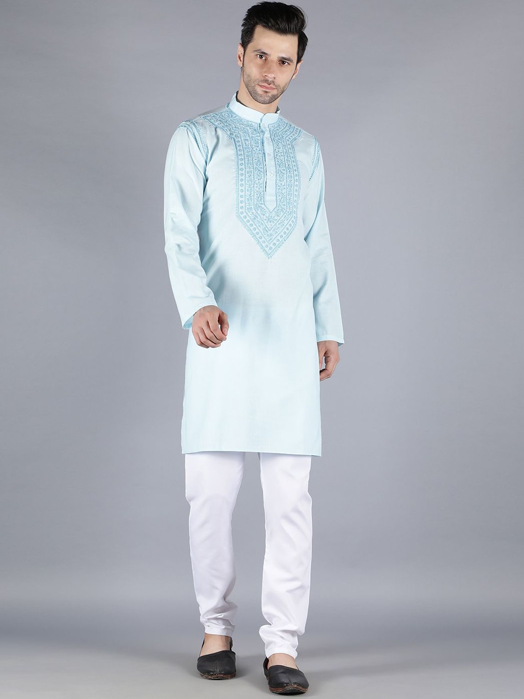 

Seva Chikan Mandarin Collar Floral Yoke Design Chikankari Cotton Kurta, Blue