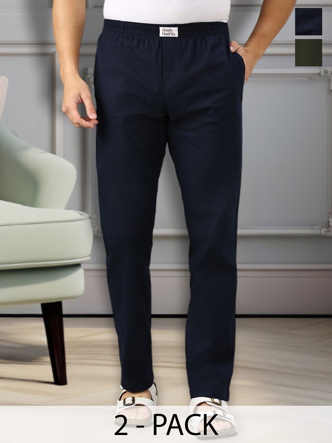 

THE DAILY OUTFITS Men Pack Of 2 Pure Cotton Lounge Pants, Navy blue