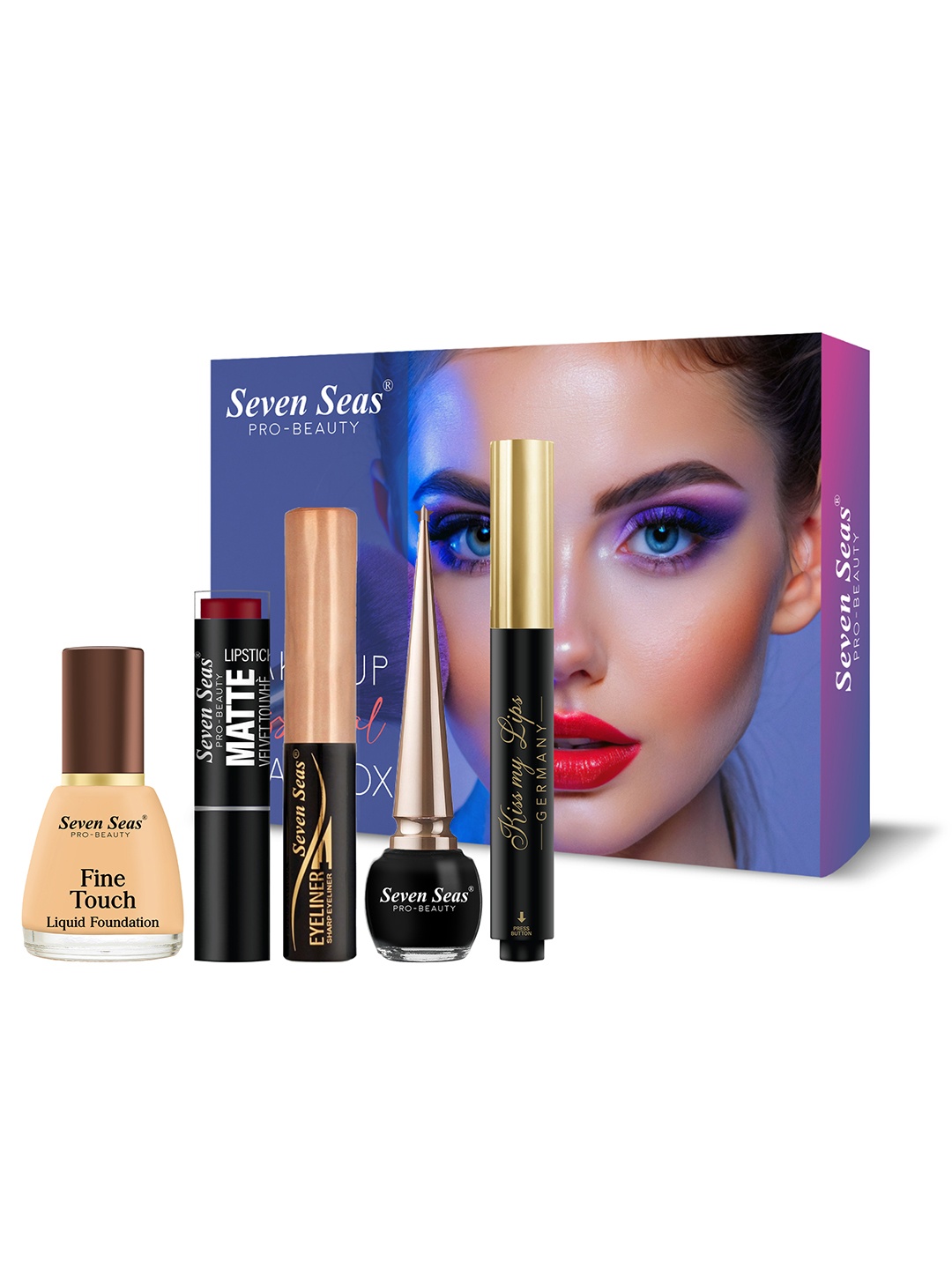 

Seven Seas Foundation Velvet Touch Lipstick Lip Balm & 2-Pcs Liquid Eyeliner Makeup Combo, Multi