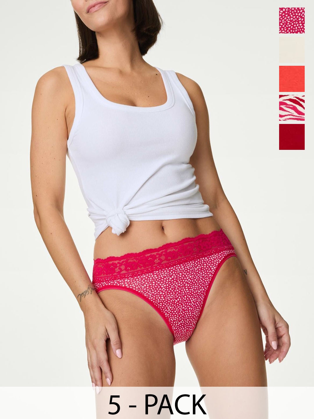 

Marks & Spencer Women Pack Of 5 Printed High Rise High Leg Knickers Boy Short Briefs, Red