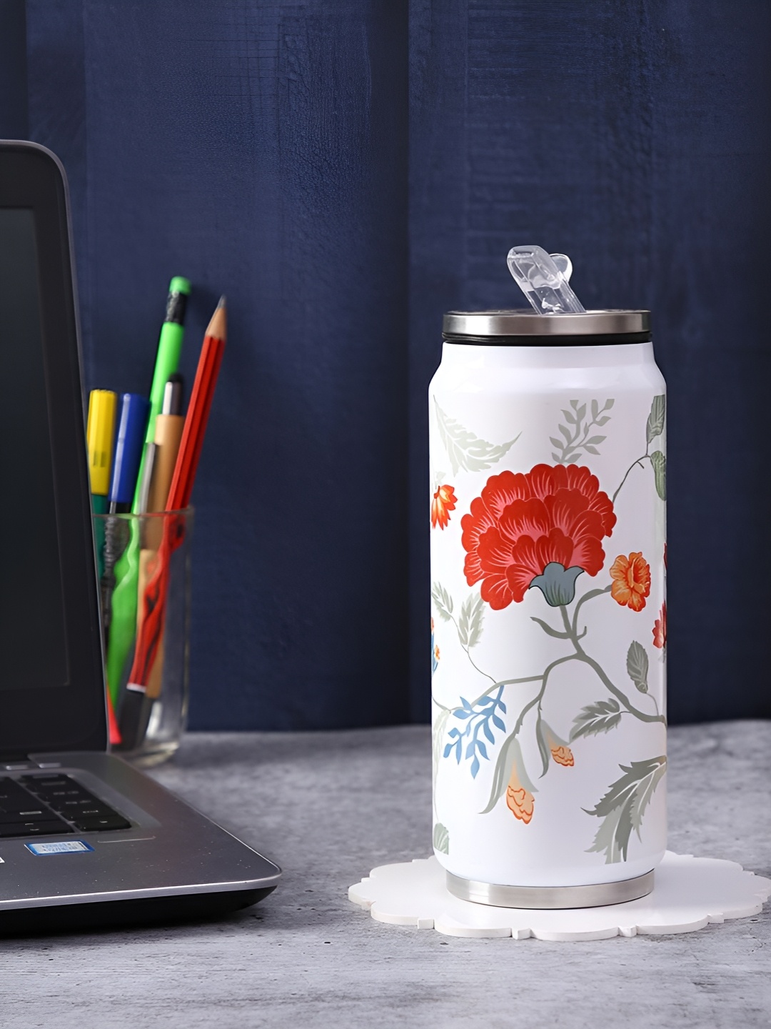 

PENTADECO White & Red Floral Printed Aluminium Water Bottle 500 ml