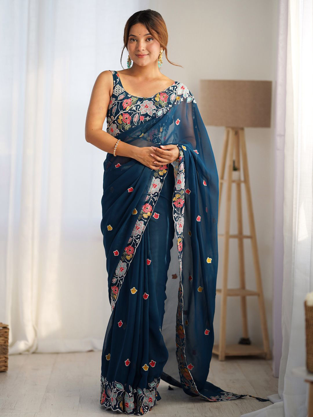 

Mitera Floral Embroidered Sequinned Saree With Unstitched Blouse Piece, Teal