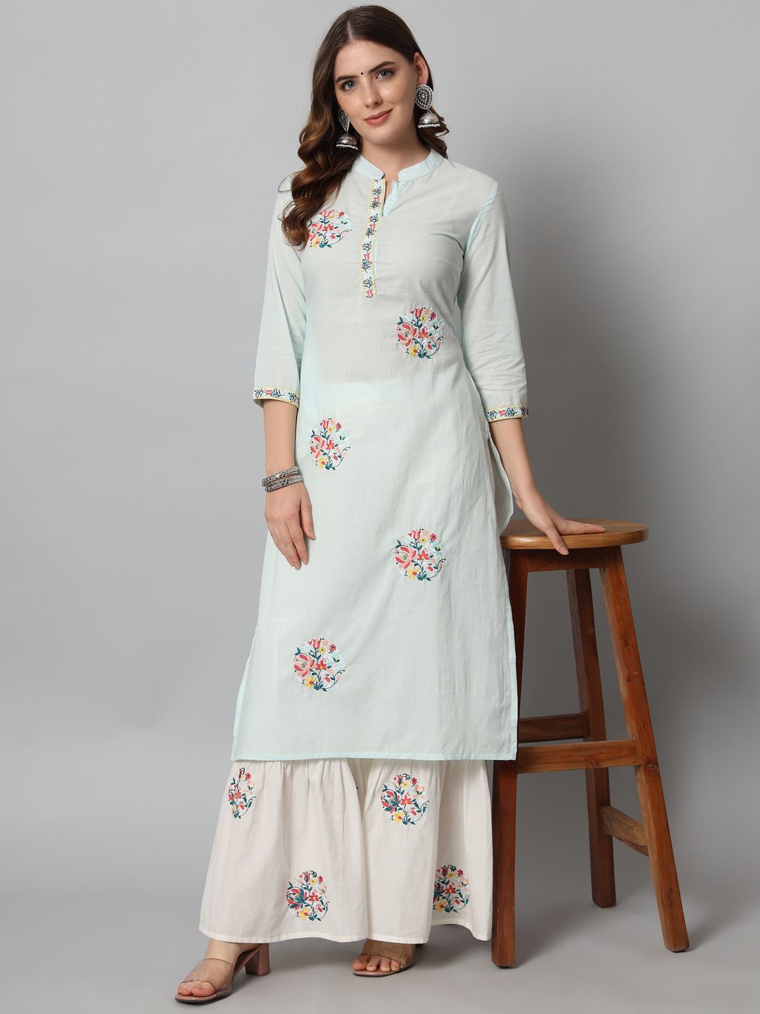 

Anouk Blue and White Floral Embroidered Thread Work Pure Cotton Kurta with Sharara