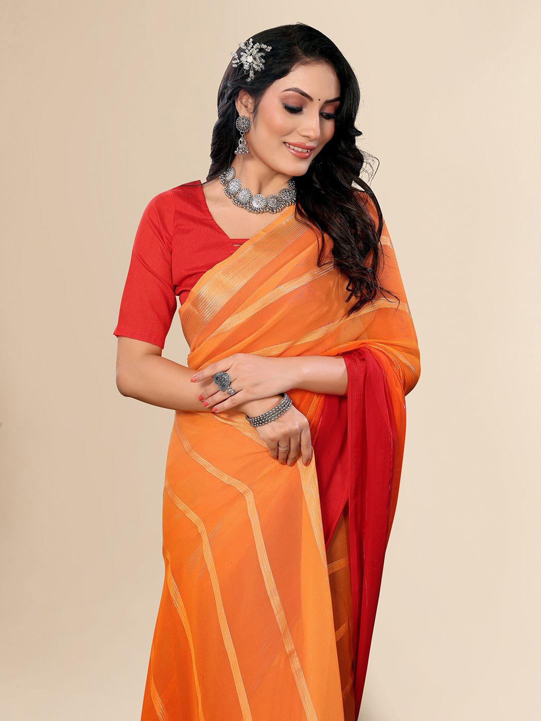 

Moda Rapido Women Striped Saree, Red
