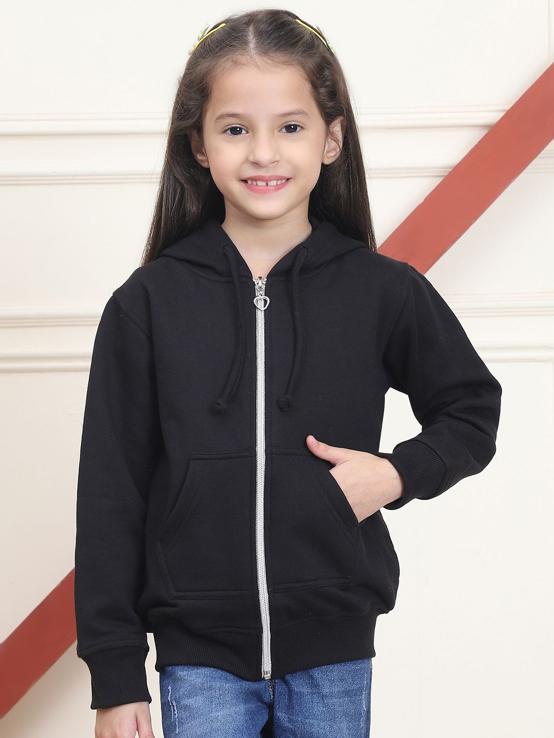 

MINI & MING Girls Long Sleeves Hooded Front-Open Sweatshirt, Black