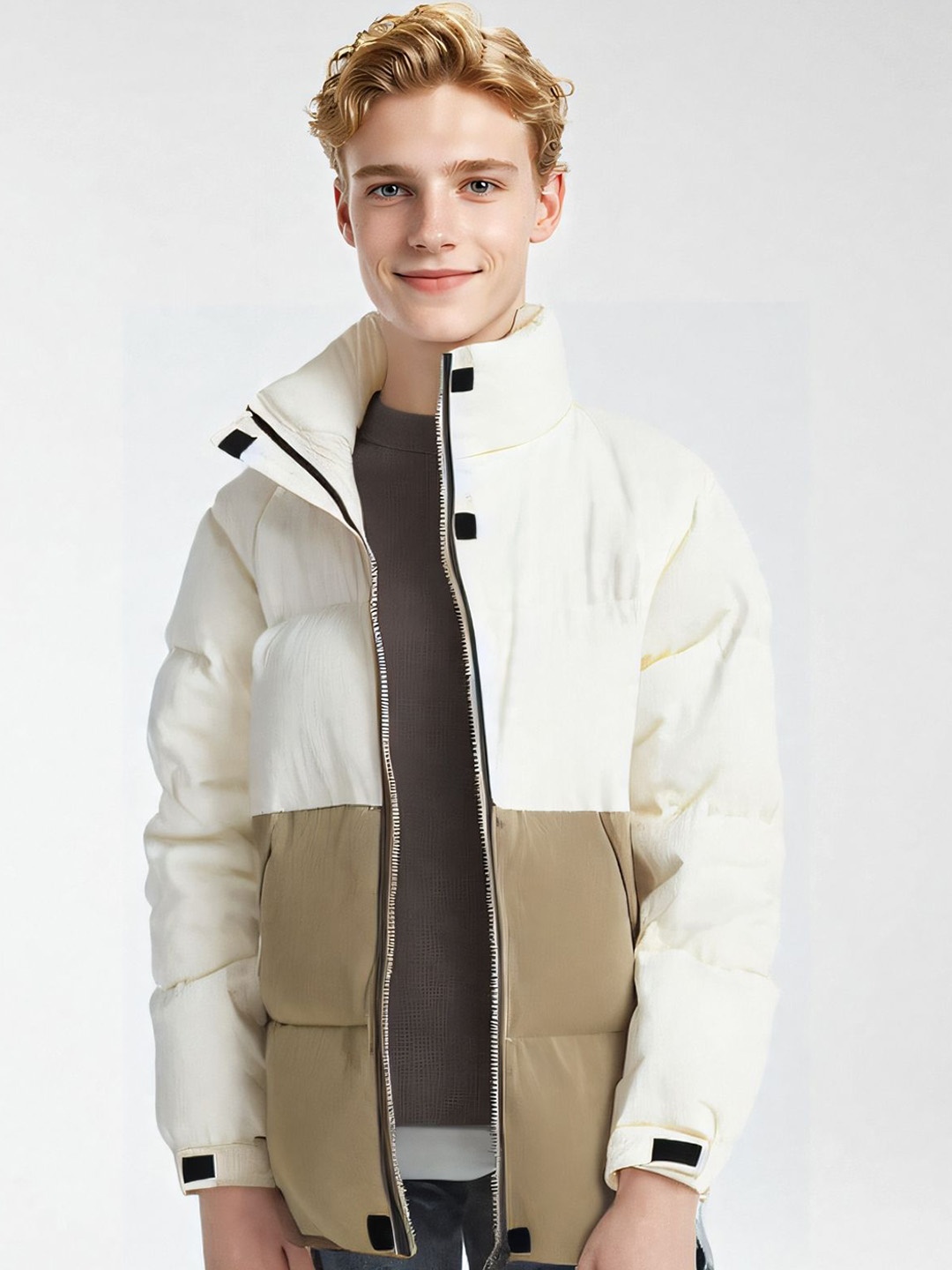 

StyleCast x Revolte Men Mock Collar Colourblocked Casual Padded Jacket, Off white