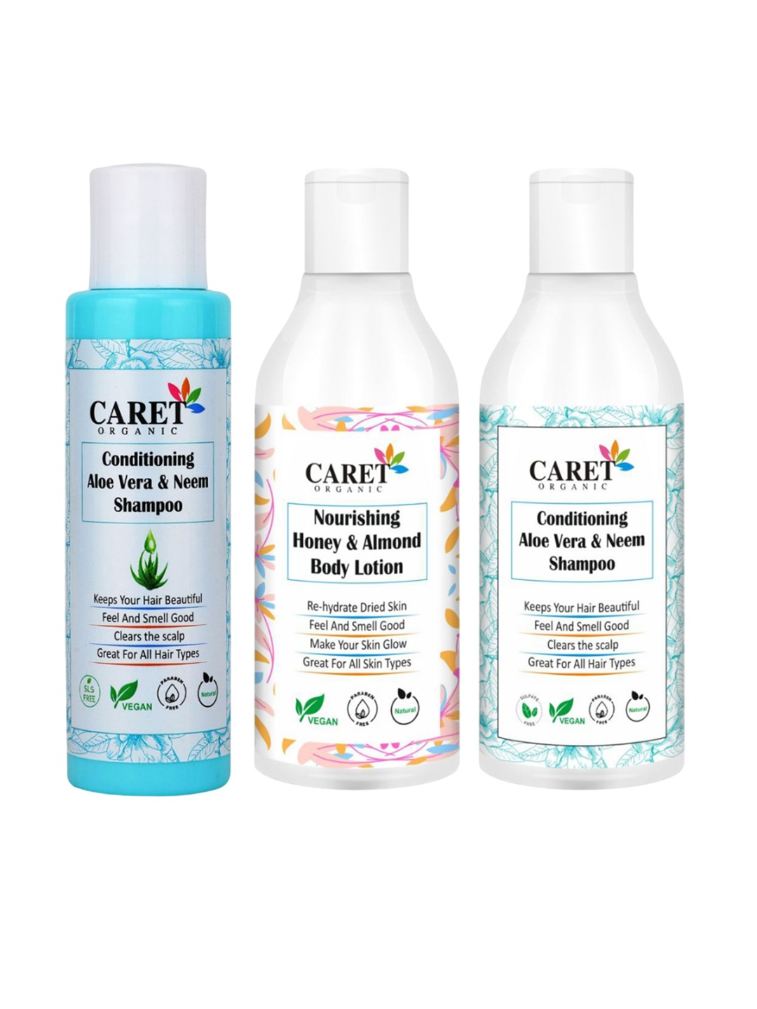 

CARET ORGANIC Set Of 3 Neem Shampoo With Honey Almond Body Lotion & Aloevera Neem Shampoo, White