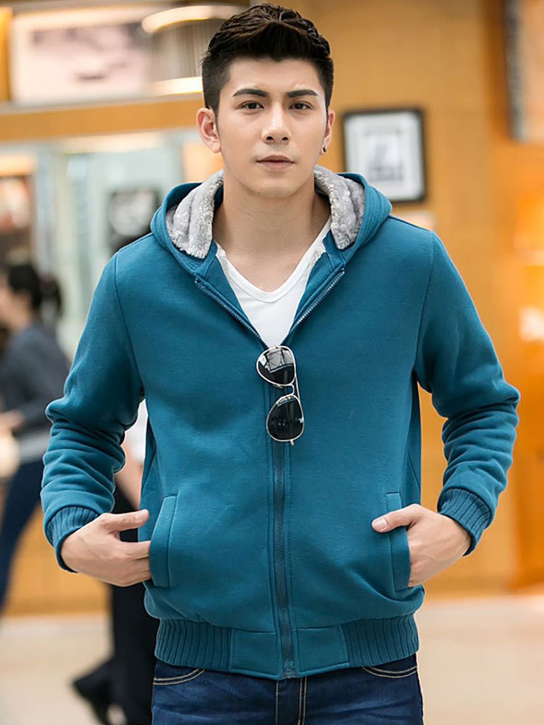 

StyleCast x Revolte Men Hooded Solid Casual Bomber Jacket, Teal