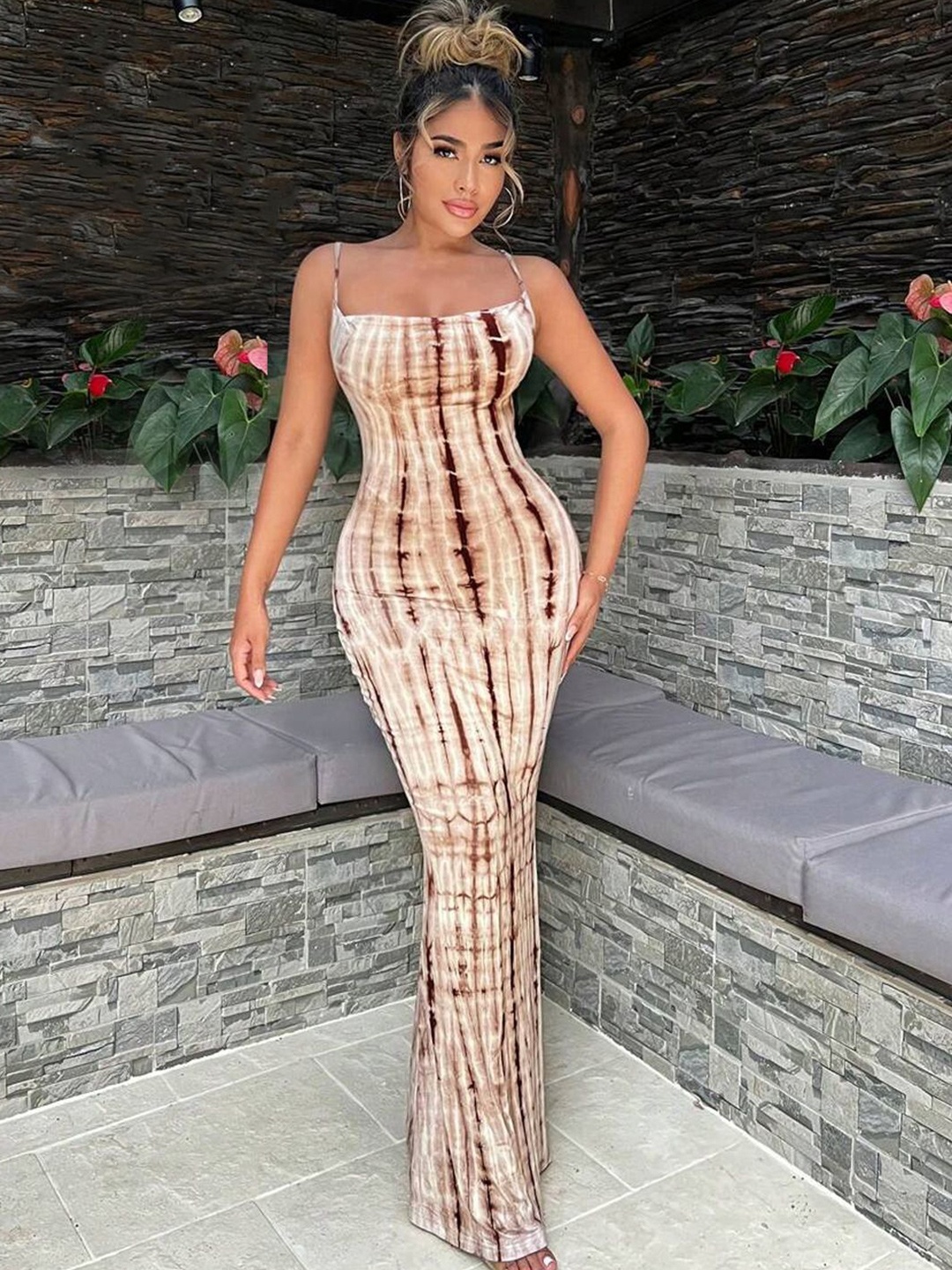 

BAESD Women Shoulder Straps Bodycon Maxi Dress, Brown