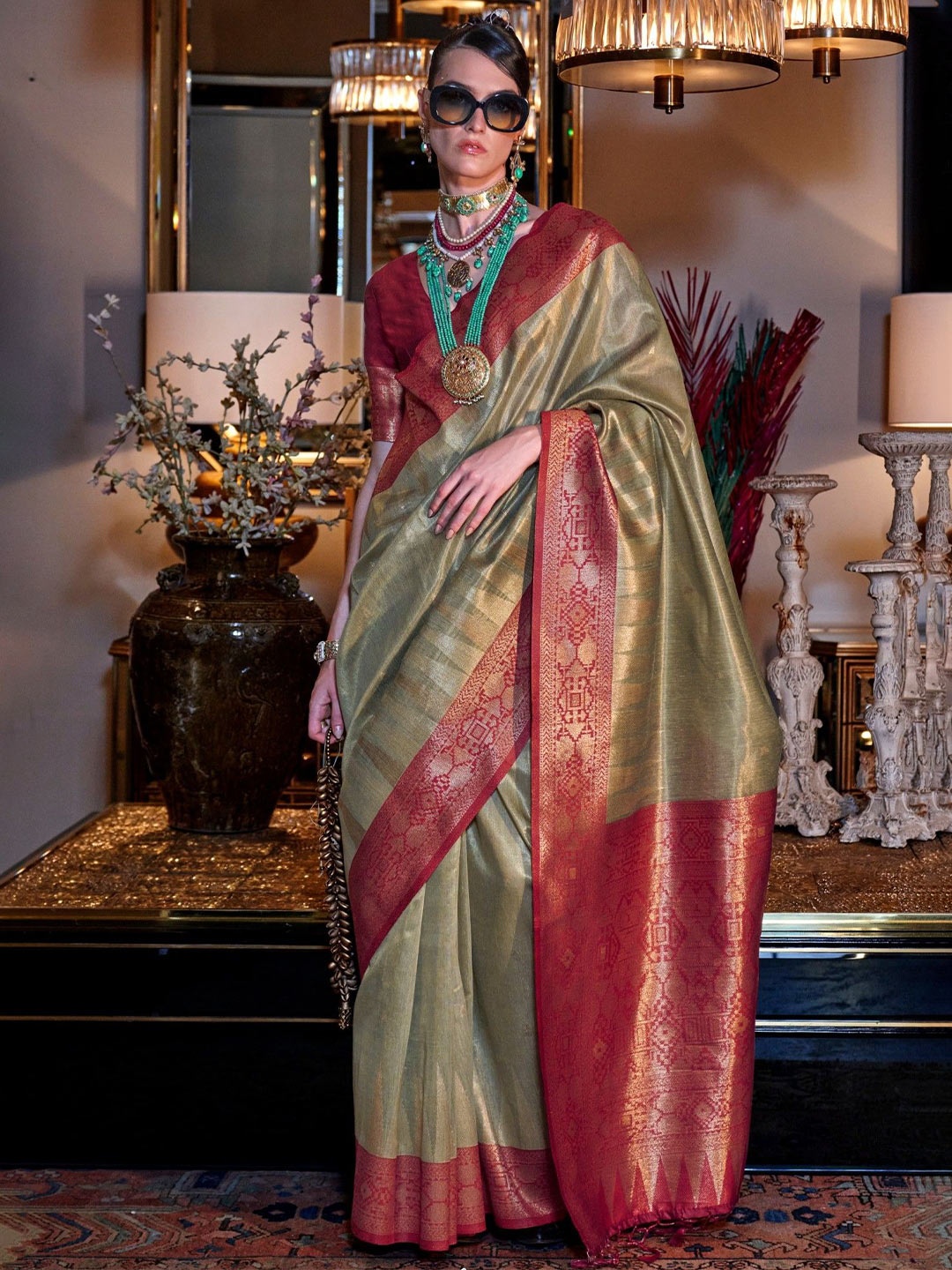 

MySilkLove Woven Design Zari Tissue Saree, Green